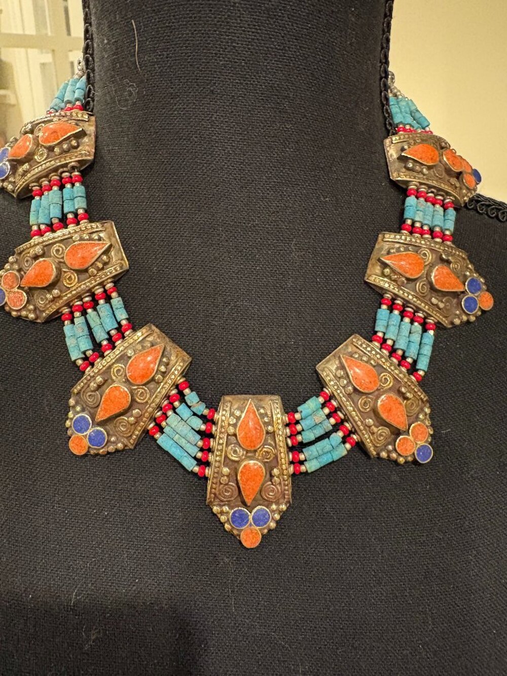 Vintage Handcrafted Tribal-inspired Turquoise, Silver and Orange Stone Necklace